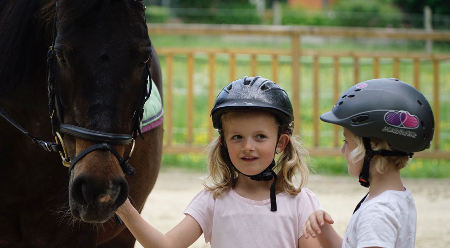 Gruppe von Reitschülerinnen mit Connemara Ponys beim Reitunterricht in der Reitschule Möllers, Drensteinfurt